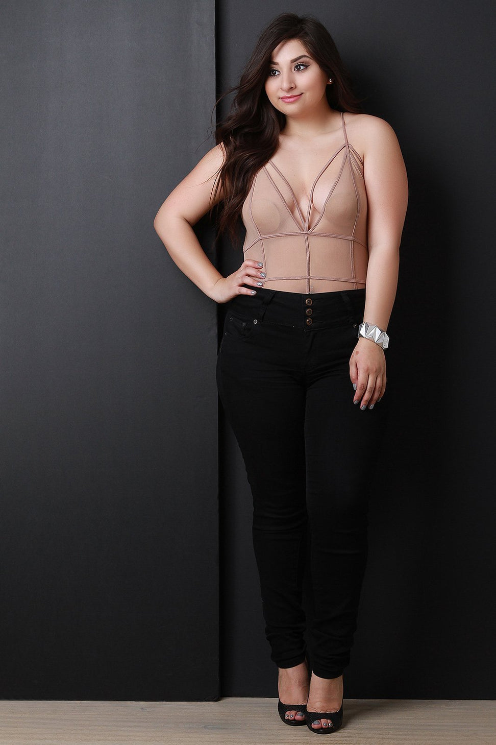 Strappy Semi-Sheer Mesh Grid Sleeveless Bodysuit