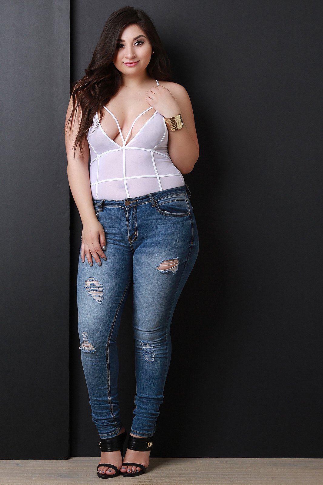 Strappy Semi-Sheer Mesh Grid Sleeveless Bodysuit