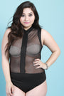 Solid Contrast Sheer Mesh Sleeveless Bodysuit