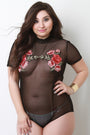 Floral Applique Mesh Mock Neck Short Sleeve Bodysuit - NoveltyOne