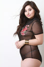 Floral Applique Mesh Mock Neck Short Sleeve Bodysuit - NoveltyOne