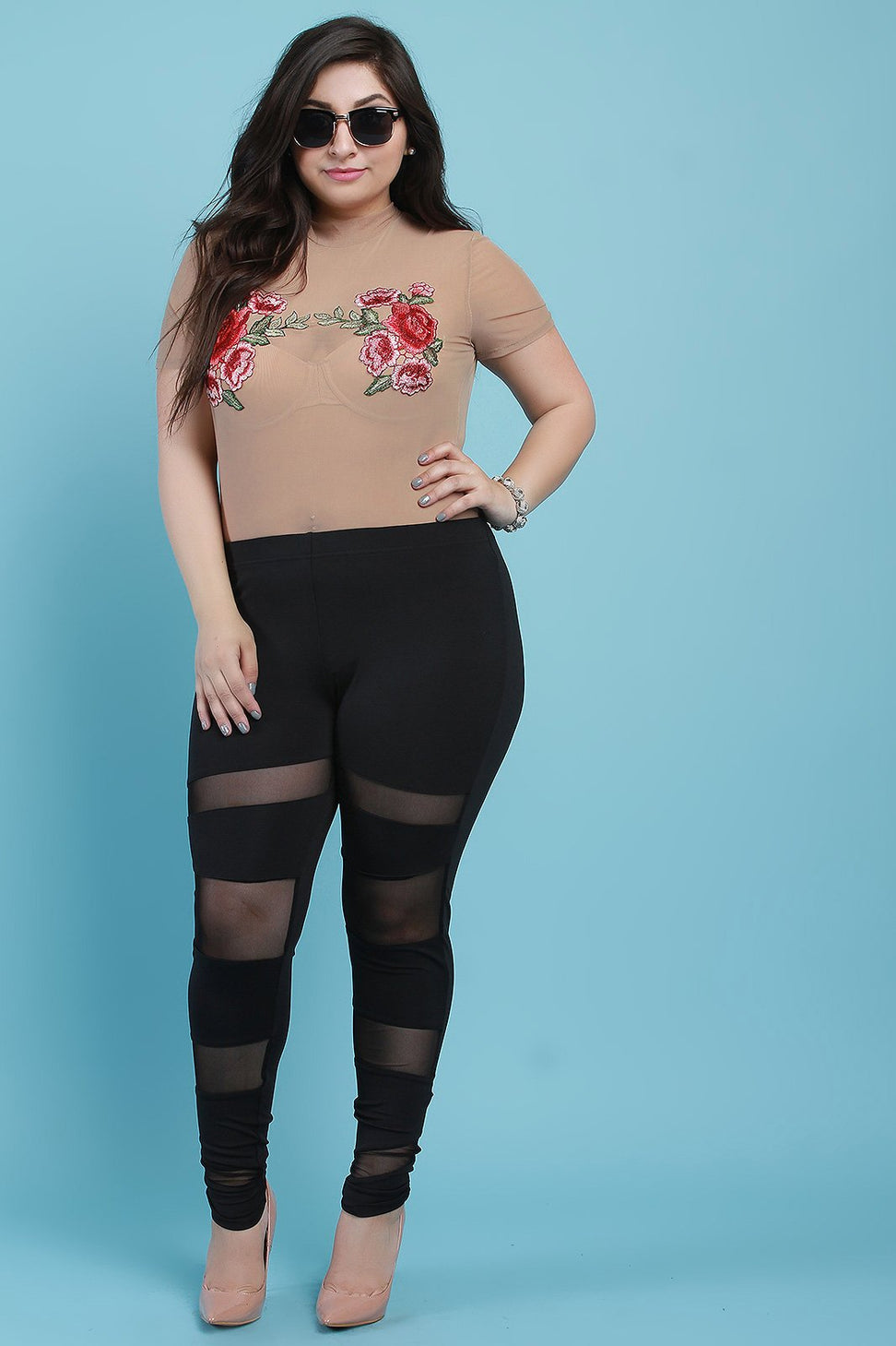 Floral Applique Mesh Mock Neck Short Sleeve Bodysuit