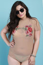 Floral Applique Mesh Mock Neck Short Sleeve Bodysuit - NoveltyOne