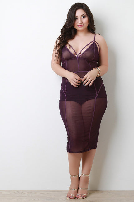 Strappy Semi-Sheer Mesh Grid Sleeveless Midi Dress