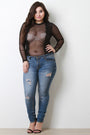 Semi-Sheer Mesh Lace Contrast Long Sleeve Bodysuit