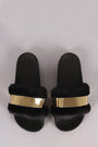 Bamboo Faux Fur Metallic Accent Open Toe Slide Sandal