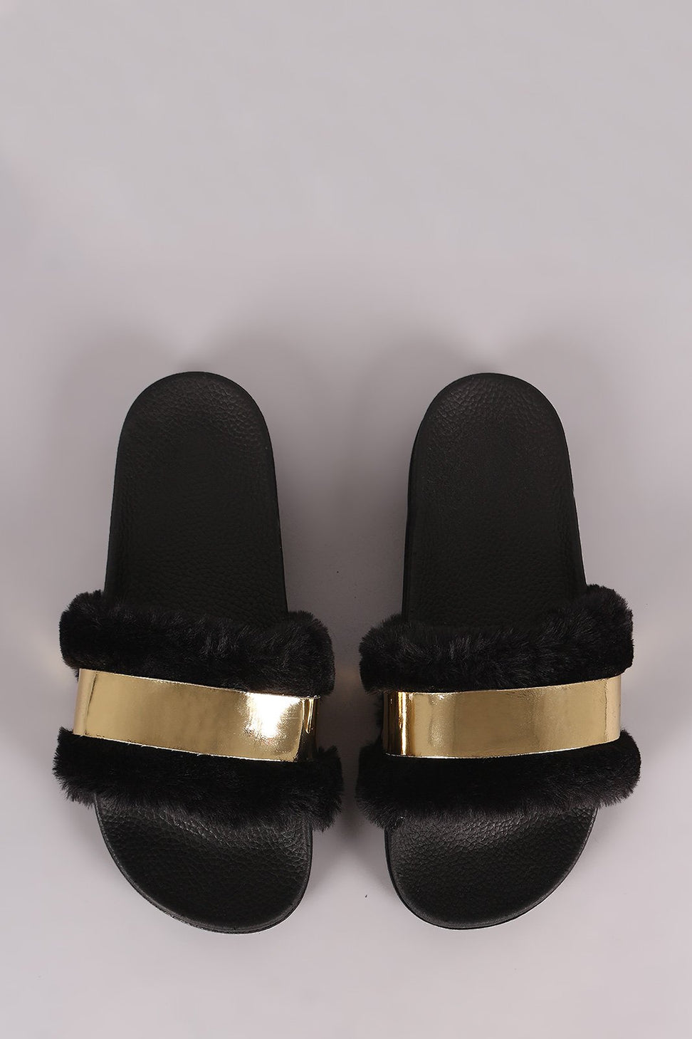 Bamboo Faux Fur Metallic Accent Open Toe Slide Sandal