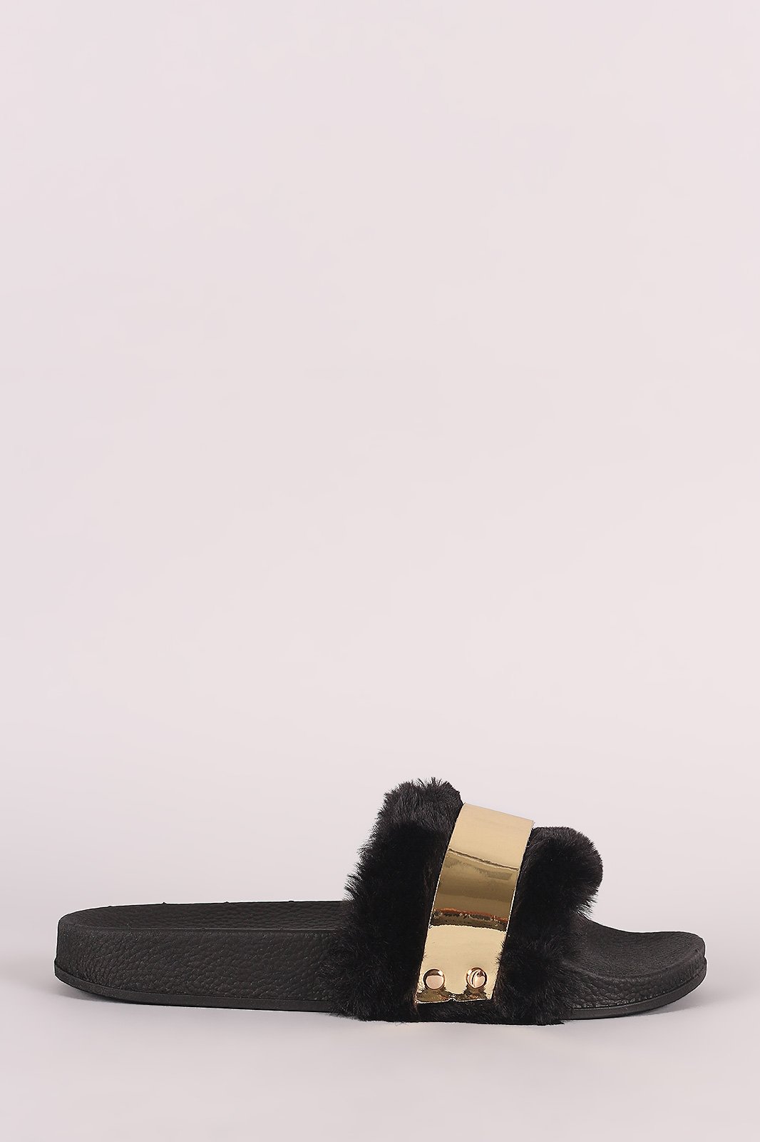Bamboo Faux Fur Metallic Accent Open Toe Slide Sandal
