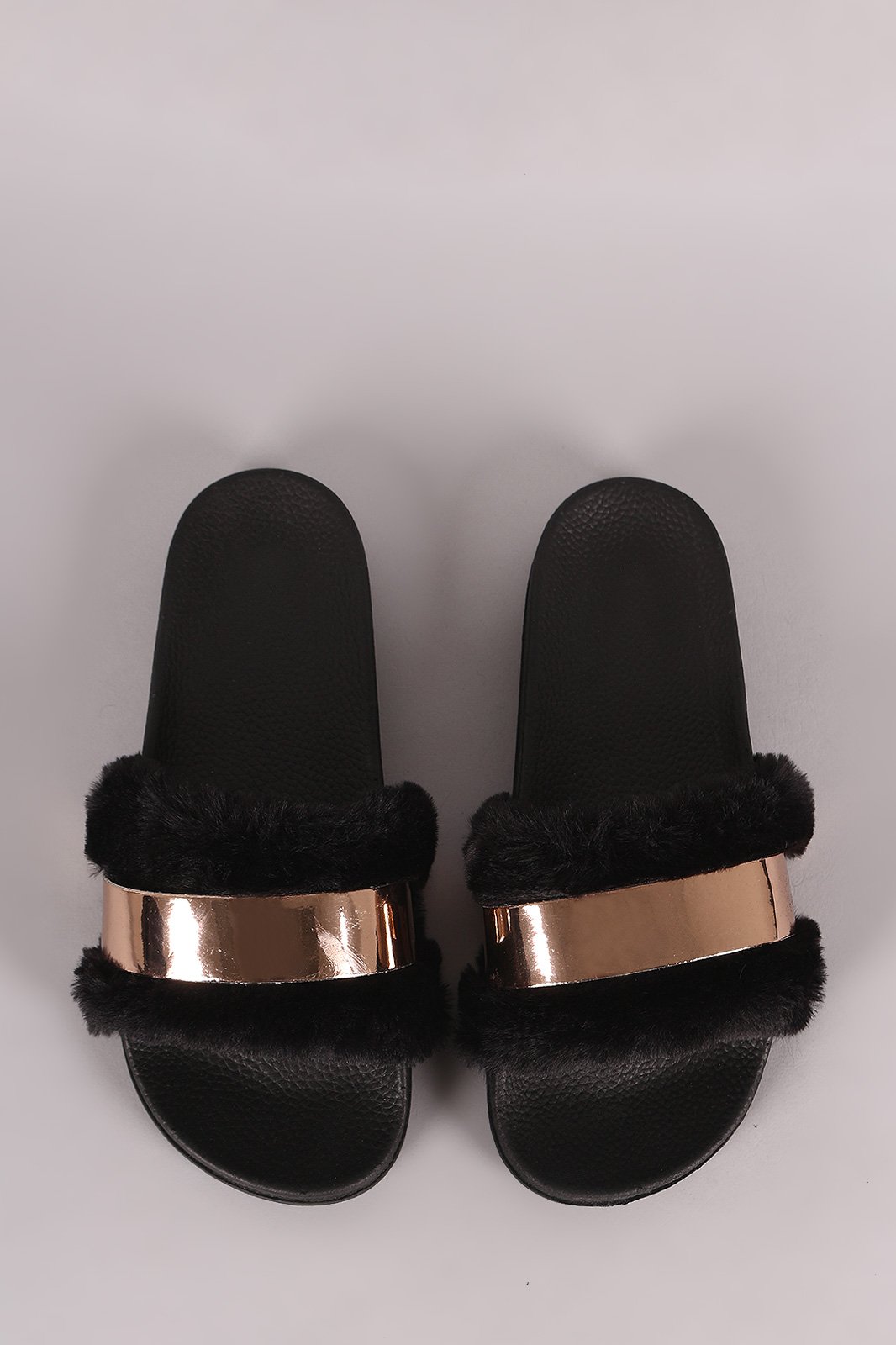 Bamboo Faux Fur Metallic Accent Open Toe Slide Sandal
