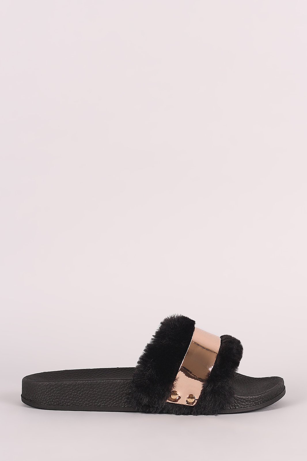 Bamboo Faux Fur Metallic Accent Open Toe Slide Sandal