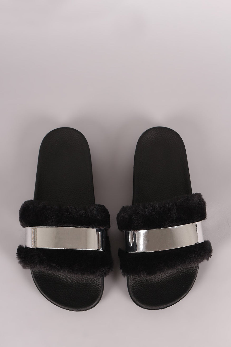 Bamboo Faux Fur Metallic Accent Open Toe Slide Sandal