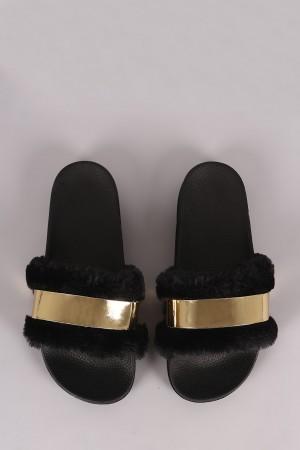 Bamboo Faux Fur Metallic Accent Open Toe Slide Sandal