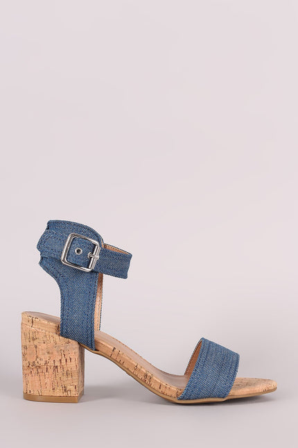 Bamboo Denim One Band Ankle Strap Cork Block Heel
