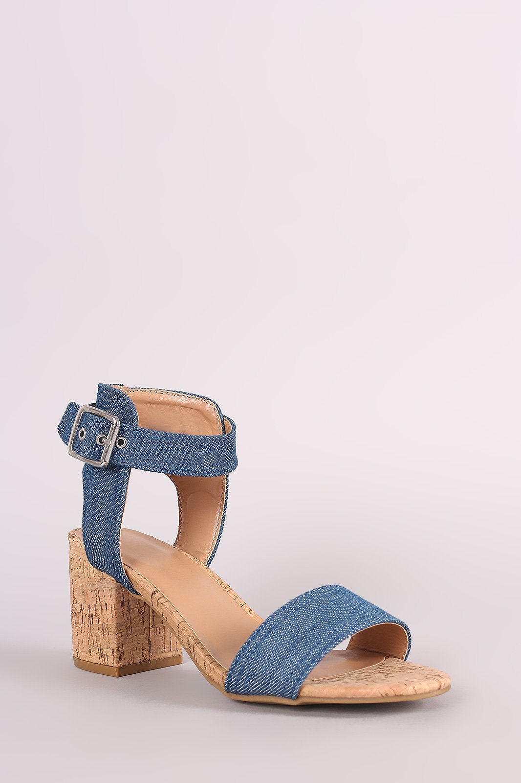 Bamboo Denim One Band Ankle Strap Cork Block Heel