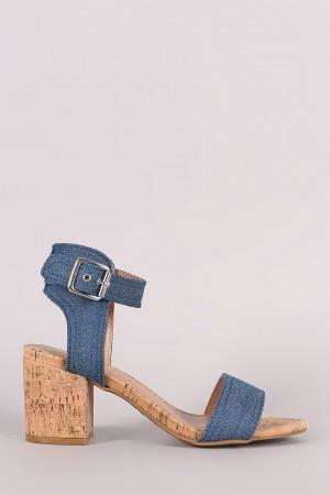 Bamboo Denim One Band Ankle Strap Cork Block Heel