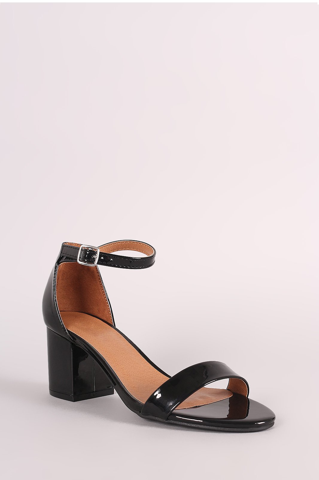 Bamboo Patent Ankle Strap Open Toe Block Heel