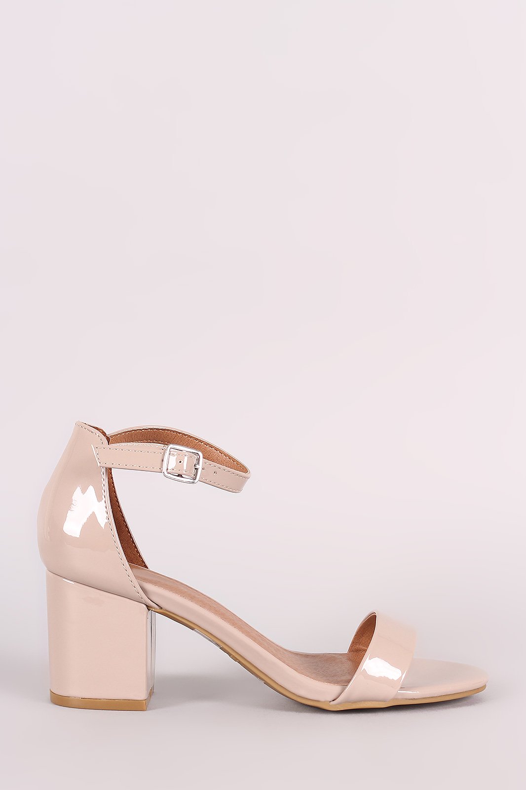 Bamboo Patent Ankle Strap Open Toe Block Heel
