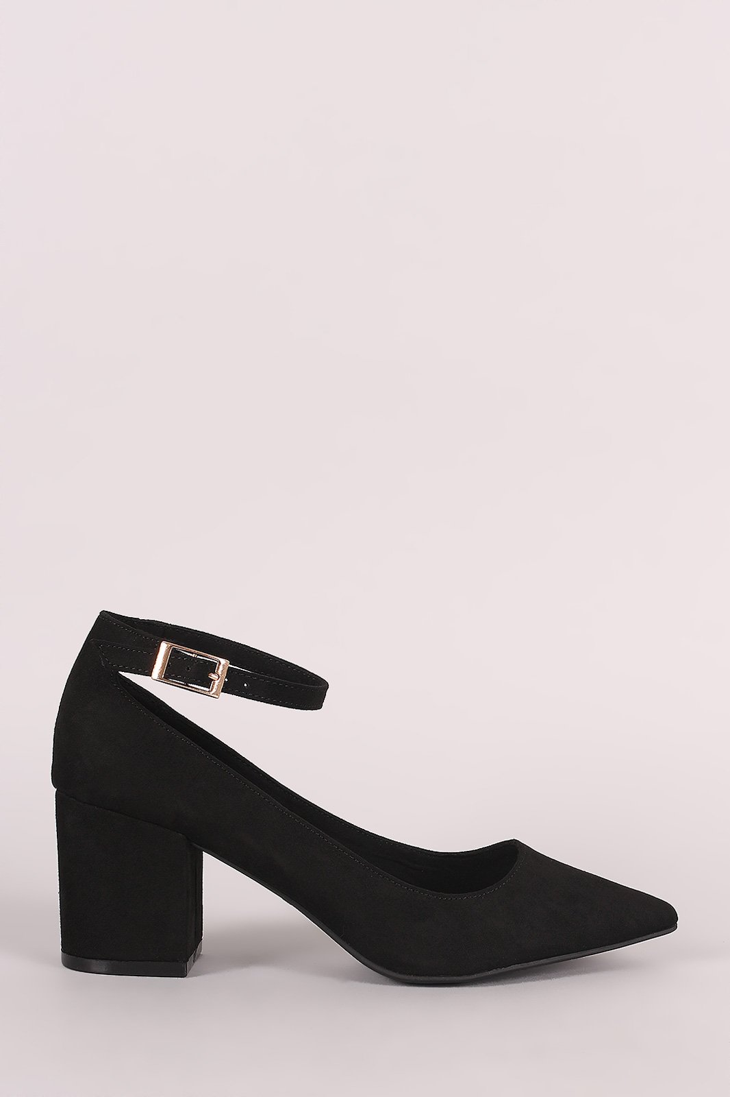 Bamboo Suede Pointy Toe Ankle Strap Block Heeled Pump