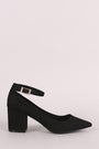 Bamboo Suede Pointy Toe Ankle Strap Block Heeled Pump