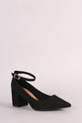 Bamboo Suede Pointy Toe Ankle Strap Block Heeled Pump