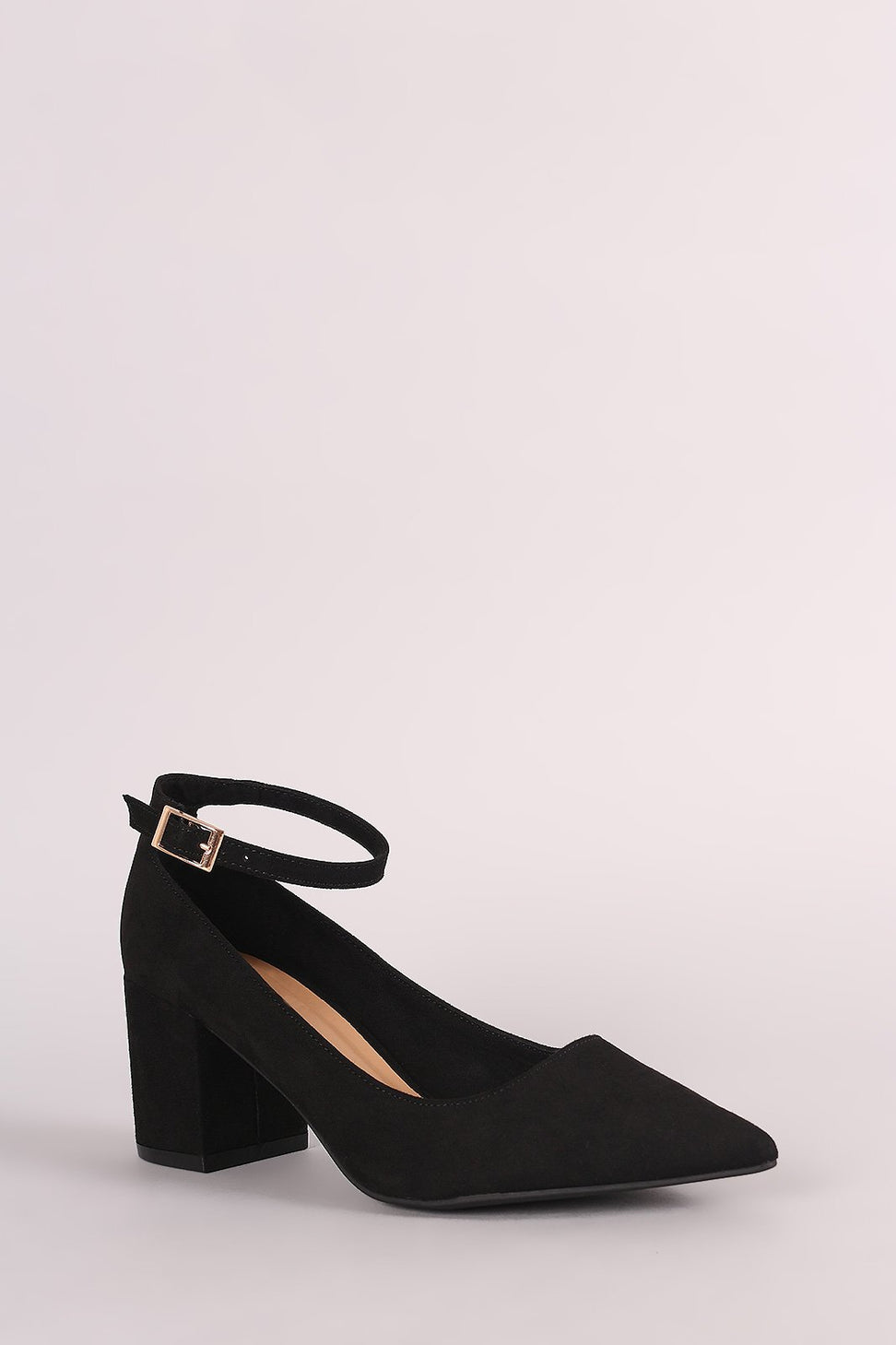 Bamboo Suede Pointy Toe Ankle Strap Block Heeled Pump