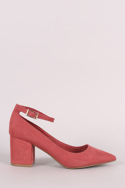 Bamboo Suede Pointy Toe Ankle Strap Block Heeled Pump