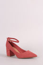 Bamboo Suede Pointy Toe Ankle Strap Block Heeled Pump
