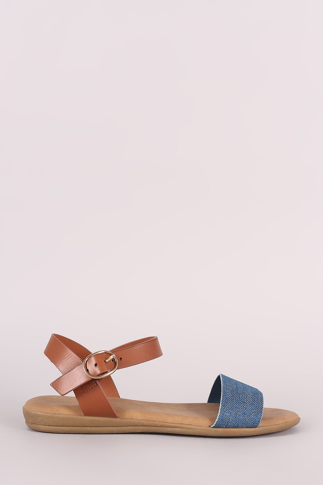 Bamboo Two Tone Denim Ankle Strap Flat Sandal