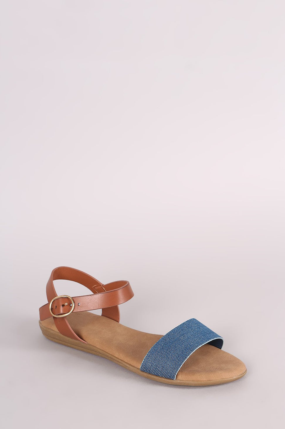 Bamboo Two Tone Denim Ankle Strap Flat Sandal