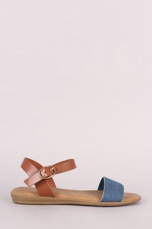 Bamboo Two Tone Denim Ankle Strap Flat Sandal