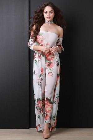 Floral Mesh Choker Jumpsuit Maxi Dress
