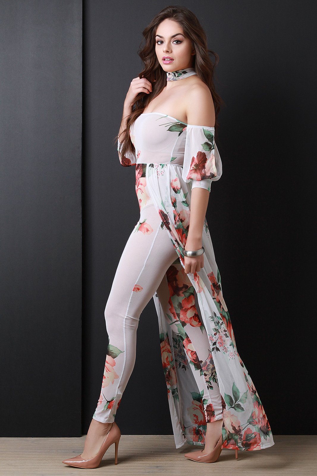 Floral Mesh Choker Jumpsuit Maxi Dress