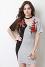 Floral Applique Two-Tone V-Cut Out Mini Dress - NoveltyOne