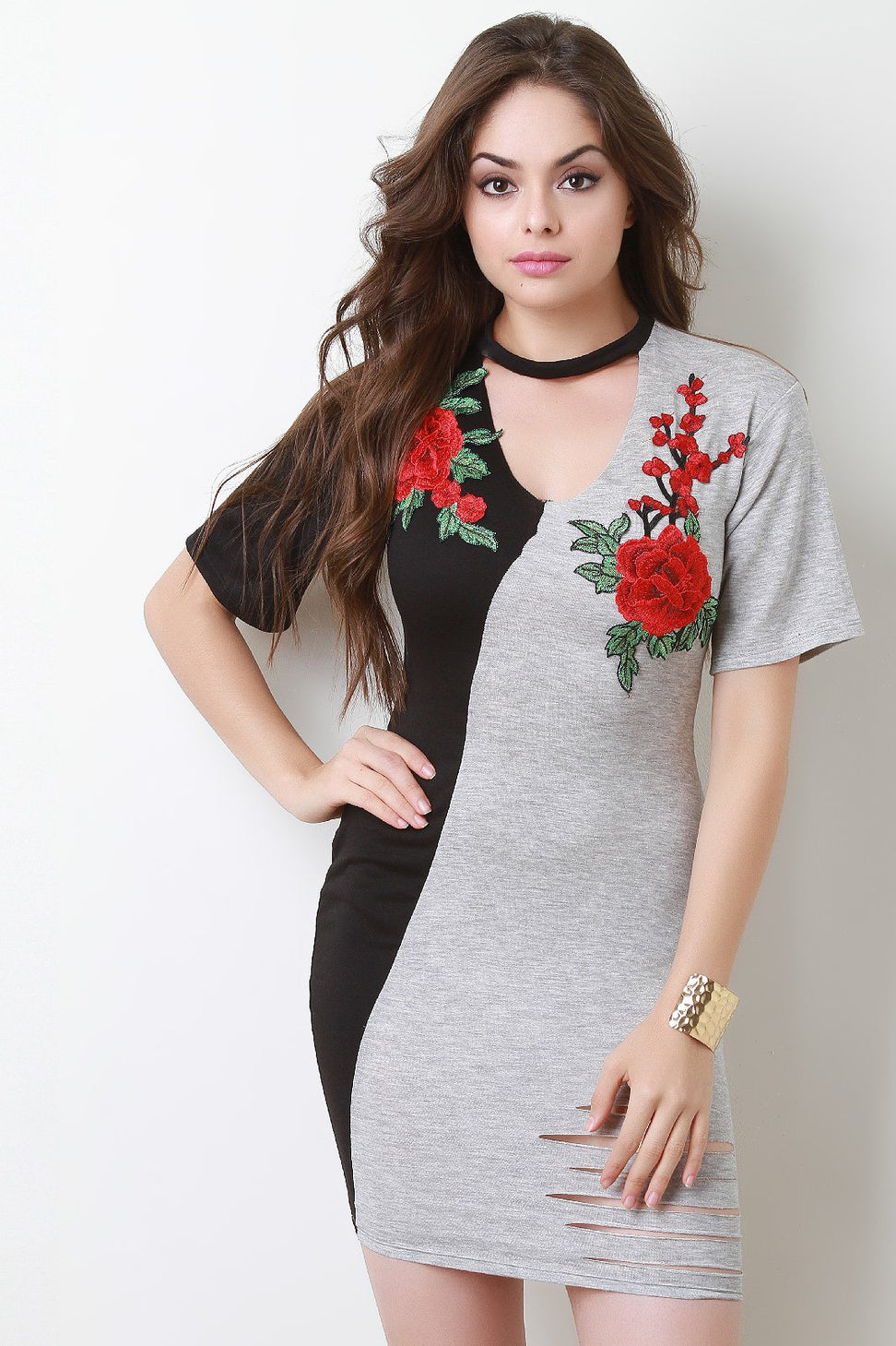 Floral Applique Two-Tone V-Cut Out Mini Dress - NoveltyOne