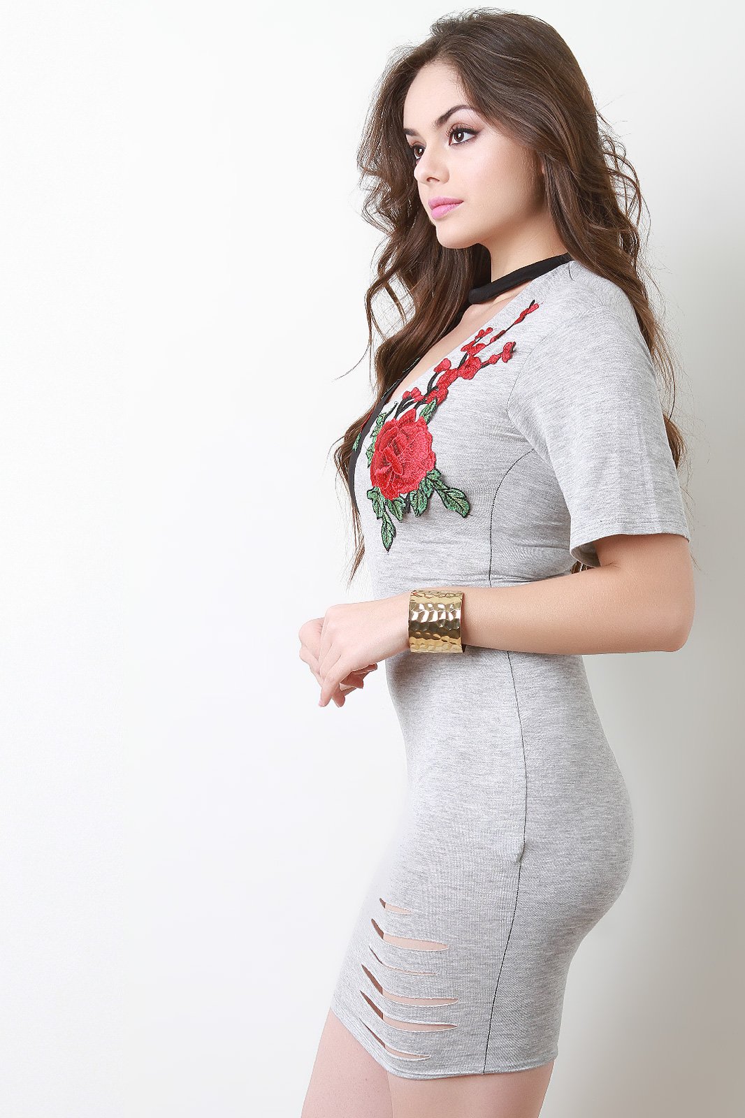 Floral Applique Two-Tone V-Cut Out Mini Dress - NoveltyOne