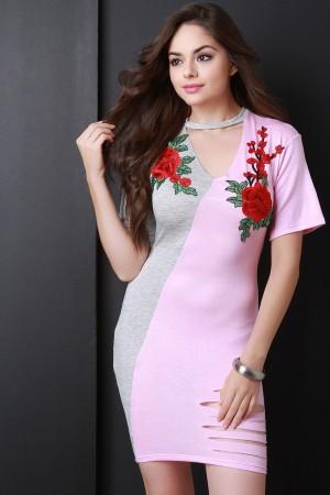 Floral Applique Two-Tone V-Cut Out Mini Dress - NoveltyOne