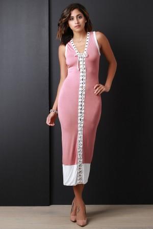 Contrast Trim Corset Lace-Up Midi Dress