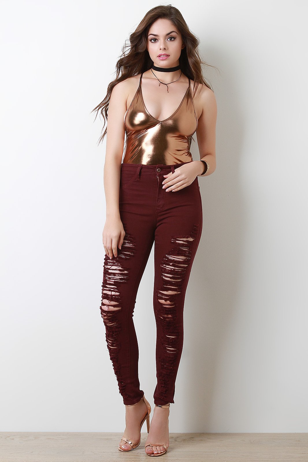 Metallic V-Neck Spaghetti Strap Crisscross Back Bodysuit