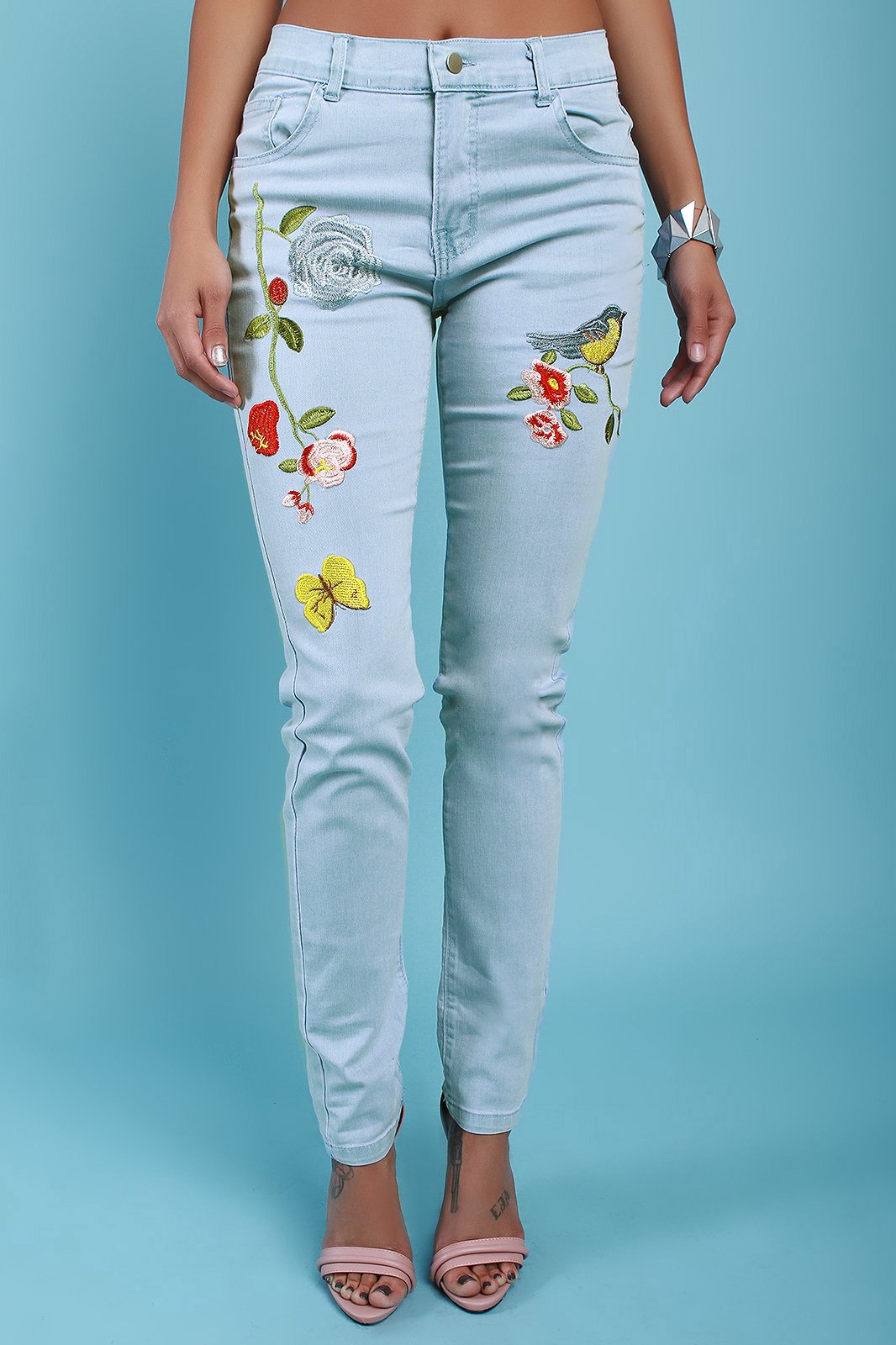 Bird And Butterfly Embroidered Denim Jeans
