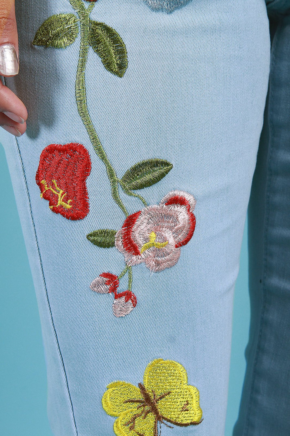 Bird And Butterfly Embroidered Denim Jeans