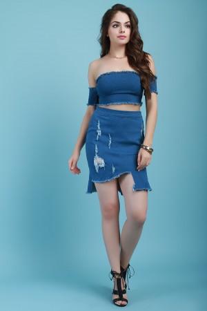 Distressed Denim High Waist Asymmetrical Midi Skirt - NoveltyOne
