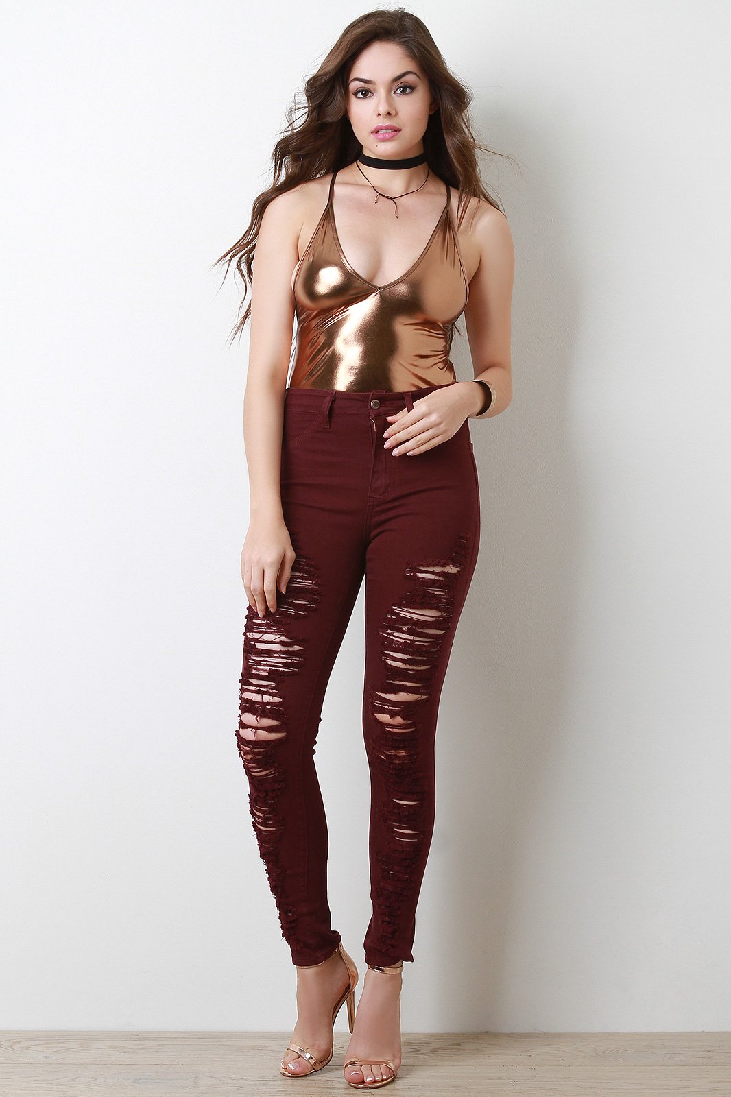 Distressed High Waisted Two Pocket Skinny Jeans - NoveltyOne