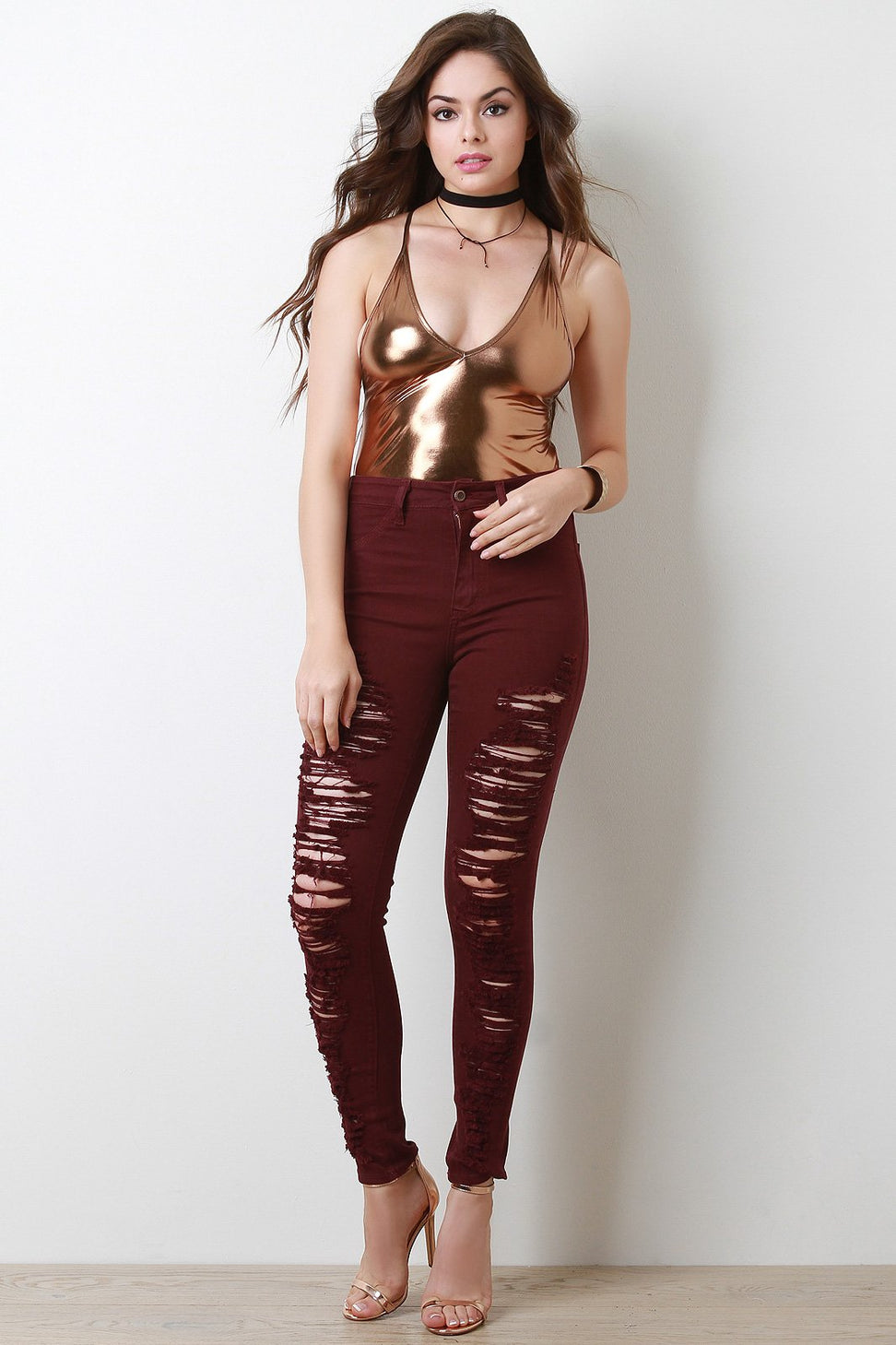 Distressed High Waisted Two Pocket Skinny Jeans - NoveltyOne