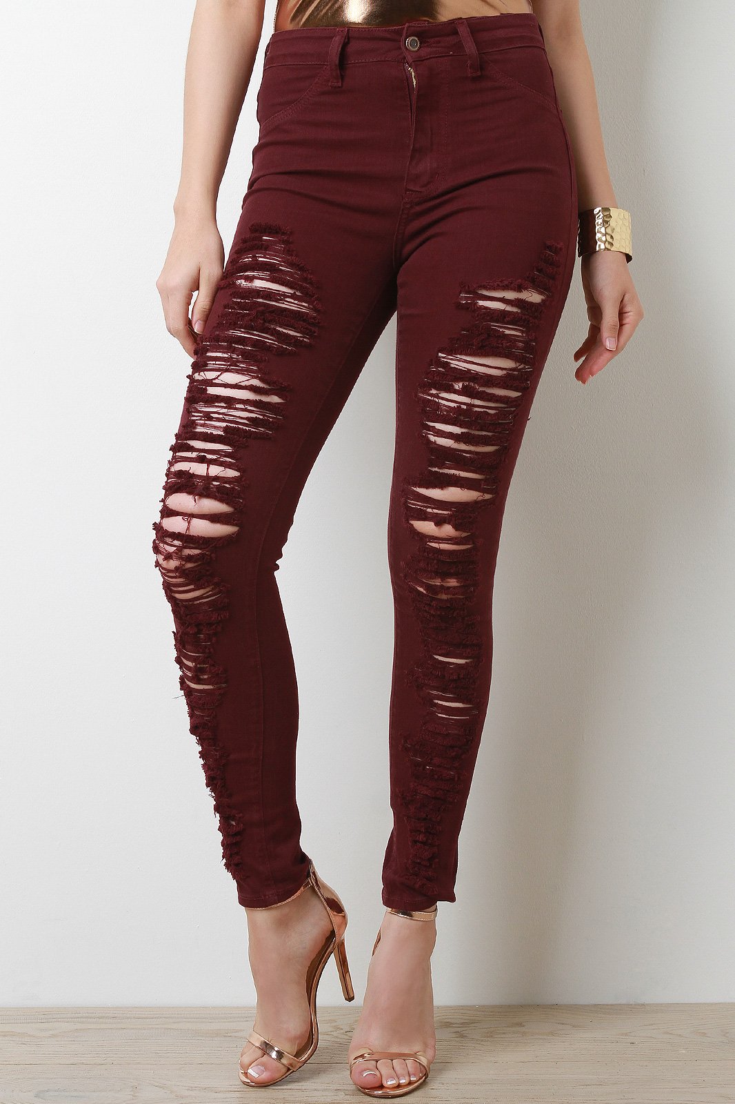 Distressed High Waisted Two Pocket Skinny Jeans - NoveltyOne