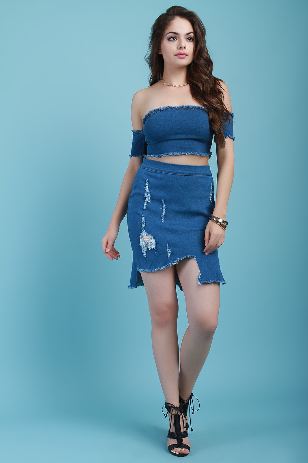 Frayed Denim Bardot Short Sleeve Crop Top - NoveltyOne