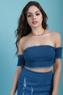 Frayed Denim Bardot Short Sleeve Crop Top - NoveltyOne