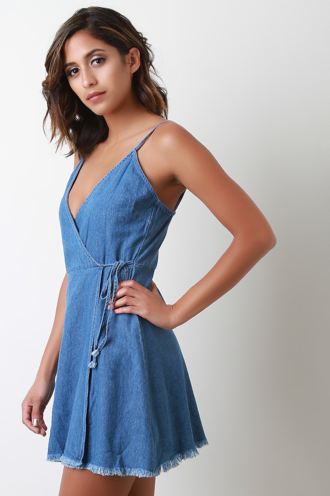 Distressed Denim Surplice Wrap A-Line Mini Dress - NoveltyOne