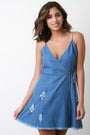 Distressed Denim Surplice Wrap A-Line Mini Dress - NoveltyOne