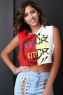 Two-Tone Graphic Print Raw Edge Crop Top