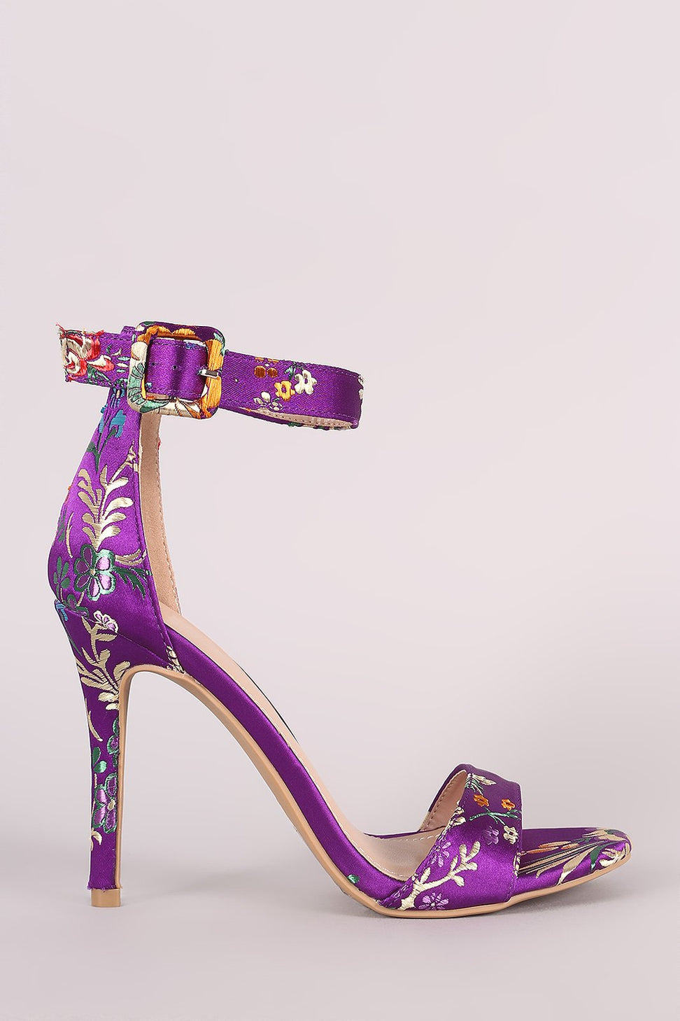 Shoe Republic LA Floral Brocade Satin Ankle Strap Heel
